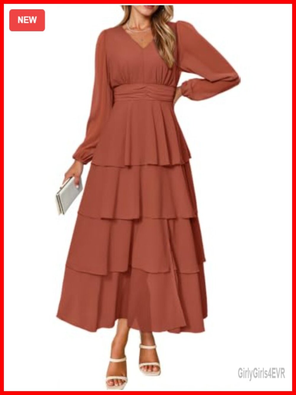 BerryGo Womens Flowy Maxi Dress Chiffon Long Sleeve Slit V Neck Ruffle Tiered